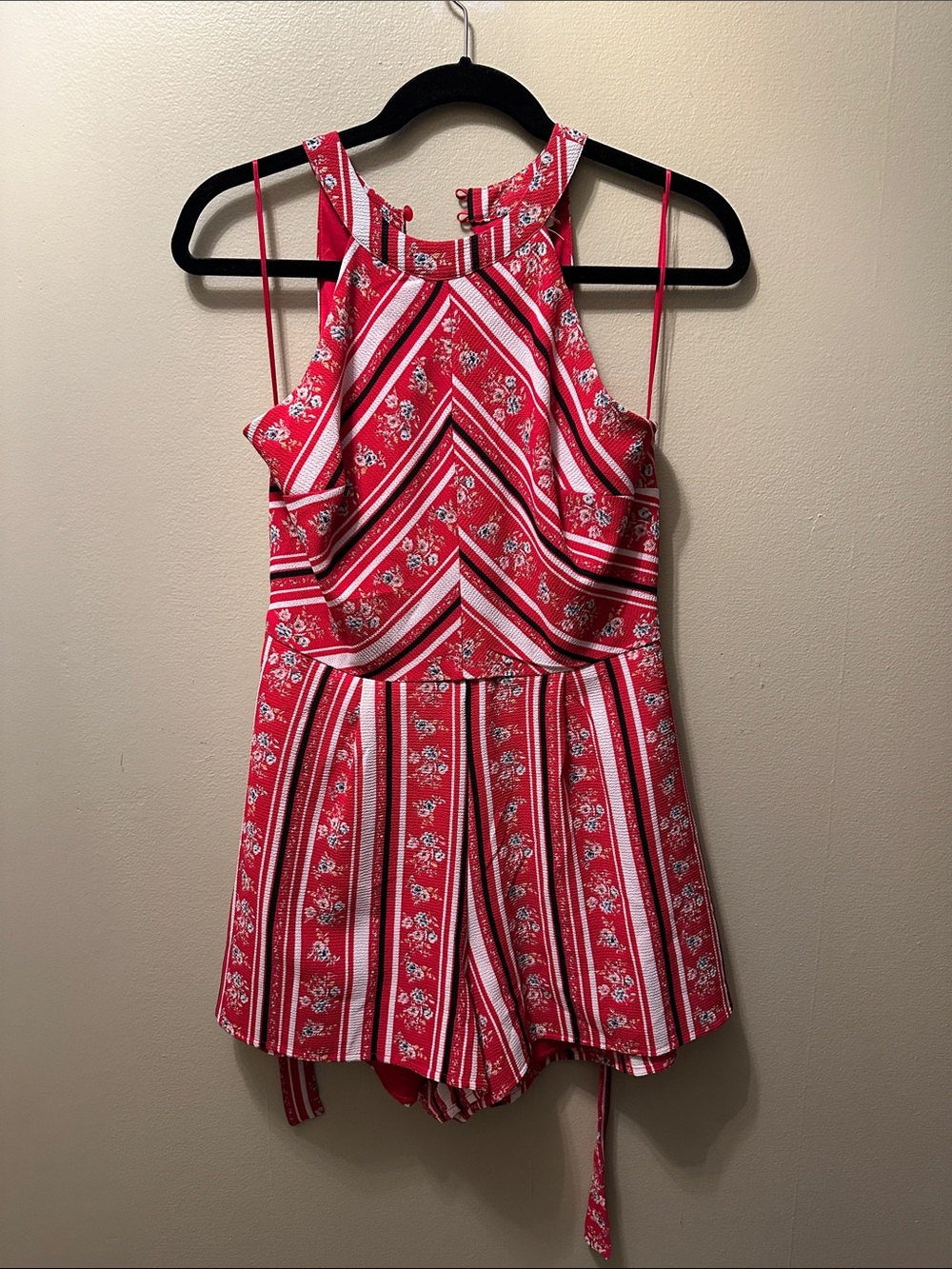 miami Red Striped Floral Halter Romper